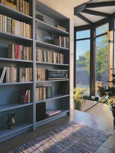 a library with book shelves filled with books at Pensiunea Aurelia in Şiria