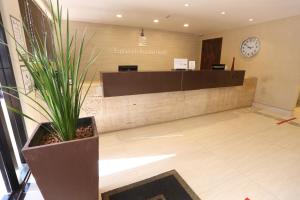 eine Lobby mit einer Rezeption und einer Topfpflanze in der Unterkunft Esplanada Brasilia Hotel e Eventos in Brasilia