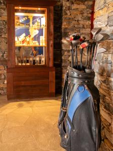 um vaso cheio de tacos de golfe em frente a uma loja em Hotel-Restaurant Le Mont Paisible, Crans-Montana em Crans-Montana