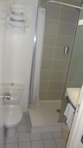 W łazience znajduje się prysznic, toaleta i umywalka. w obiekcie Logis Cottage Hôtel w Calais