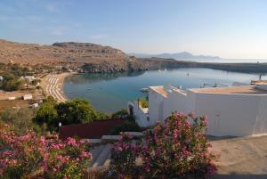 a view of a body of water with pink flowers at Sarris Studios & Apartments in Líndos