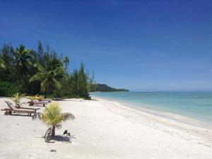 a sandy beach with benches and the ocean at Aitutaki Seaside in Arutanga