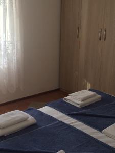 zwei Handtücher sitzen auf zwei blauen Matten in einem Zimmer in der Unterkunft Apartmani Dragica-prizemlje in Kampor