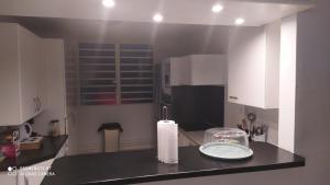 eine Küche mit einer Theke mit einem Teller darauf in der Unterkunft Appartement marina in Le Gosier