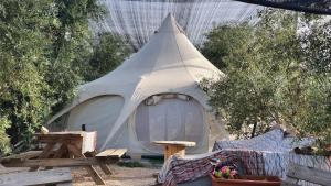 a white tent with a table and a picnic table at אוהל הזית in Maʼor