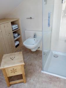 a bathroom with a shower and a sink and a toilet at Appartamento Riscone Nuvola di Plan in Brunico +39 photos