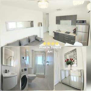 two pictures of a bathroom and a kitchen in a room at Apartment Seaside Mireja in Kaštela