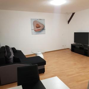 a living room with a couch and a flat screen tv at Gasthaus Kristall 2 in Salzwedel