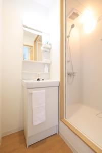 La salle de bains est pourvue d'un lavabo et d'un miroir. dans l'établissement Katsushika-ku - House - Vacation STAY 92154, à Tokyo