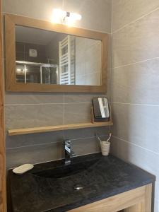 La salle de bains est pourvue d'un lavabo et d'un miroir. dans l'établissement ODYSSEE D103 Appartement chaleureux sur les pistes, à La Toussuire