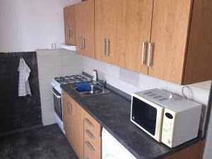 a small kitchen with a sink and a microwave at Apartmán Melody in Ústí nad Labem