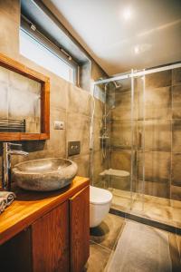 a bathroom with a sink and a toilet and a shower at Woodpark Slovianka in Valča