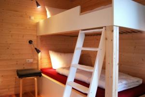 a bunk bed in a cabin with a ladder at Schwarzes Holzferienhaus mit Sauna -- L I E B L I N G S P L A T Z -- an der Ostsee, Zierow bei Wismar, Strand 500m, alles inklusive in Zierow