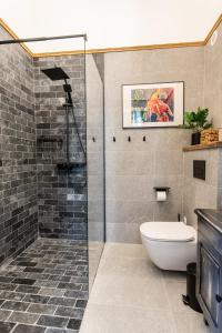 a bathroom with a glass shower and a toilet at Zur Linde in Sibiu +47 photos