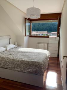 ein Schlafzimmer mit einem Bett und einem großen Fenster in der Unterkunft Apto Valle Encantado, vistas preciosas en urbanización con piscina in Gibaja