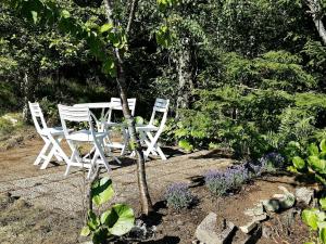 4 person holiday home in UDDEVALLA في Sundsandvik: طاولة وكراسي يجلسون في الحديقة