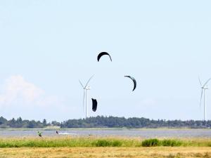 Thorsmindeにある7 person holiday home in Ulfborgの風車で凧を飛ばす二人