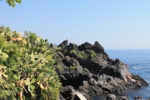 a person laying on a rock near the ocean at Le case di Carlotta & Giorgia in Pozzillo