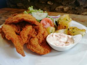 a plate of food with onion rings and a salad at Canto del Agua Ecolodge in Comitán