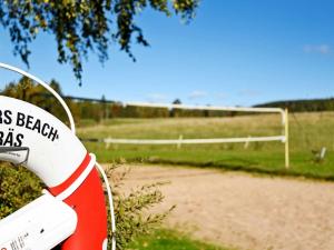 a close up of a soccer ball in front of a goal at 7 person holiday home in Sunnemo in Sunnemo