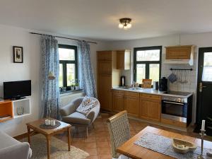 a kitchen and living room with a couch and a table at Quaint Apartment in Dargun Mecklenburg with Swimming Pool in Barlin