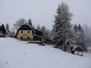 un patio cubierto de nieve con una casa y un árbol en Horská chata Hubert, en Bedřichov