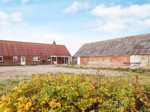 two barns with red roofs and a field of flowers at 7 person holiday home in Harbo re in Harboør