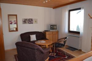 a living room with a couch and a table and a tv at Gästehaus Haller in Bodenmais
