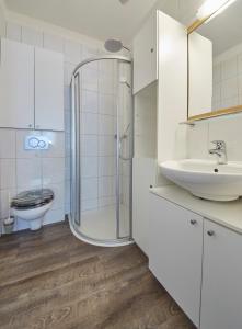a bathroom with a shower and a sink and a toilet at Appartement Riverside in Saalbach-Hinterglemm