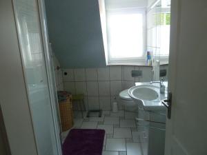 ein Bad mit einem Waschbecken, einem WC und einem Fenster in der Unterkunft Okulus in Pretzfeld