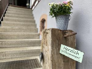 a pot of flowers sitting on top of a tree stump at Traumhaft wohnen im Haus Blum in Herbolzheim