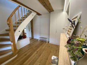 een open woonkamer met trappen en planten bij Traumhaft wohnen im Haus Blum in Herbolzheim