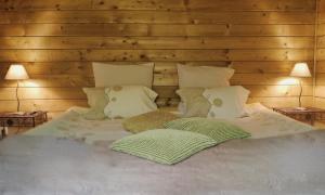 B&B Aquavert في تورناي: سرير مع وسادتين عليه مصباحين