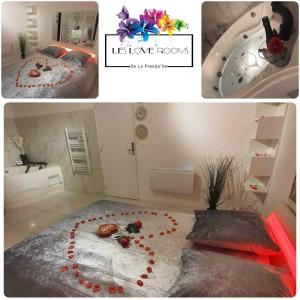 uma colagem de fotografias de um quarto com uma cama e uma banheira em Love Rooms de la Presqu'île em Saint-Vincent-de-Paul