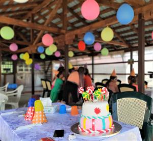 una tarta de cumpleaños sentada sobre una mesa en Casa Muscelelor, en Pietroşani