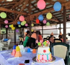 einen Geburtstagskuchen auf einem Tisch in der Unterkunft Casa Muscelelor in Pietroşani