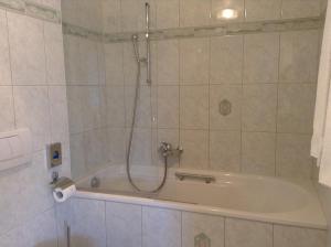 a bath tub with a shower in a bathroom at Hôtel Restaurant le Gruyérien in Morlon +26 photos