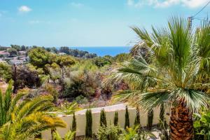 een palmboom in een tuin met de oceaan op de achtergrond bij Diana - pretty holiday property with garden and private pool in Benissa in Benissa