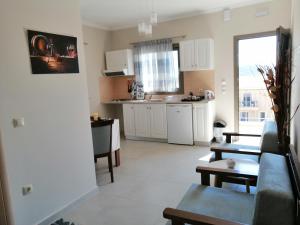 uma sala de estar com um sofá e uma cozinha em TA DIDYMAKIA APARTMENTS. em Argostoli