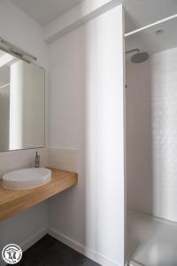 een badkamer met een wastafel en een spiegel bij Gîte de Granit GRIS in Besse-et-Saint-Anastaise