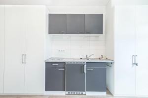 eine Küche mit weißen Schränken und einem grauen Kühlschrank in der Unterkunft Ferienwohnung Eyrich Eg in Lindau