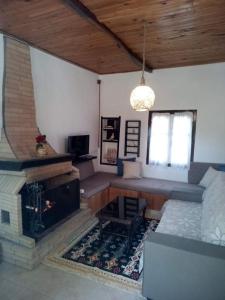 sala de estar con chimenea y sofá en Panos and Chrisas House, en Dhrepanon