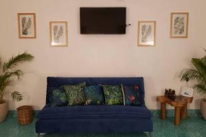 een blauwe bank in een woonkamer met een flatscreen-tv bij Apartament, the best location, 60 mts from the sea in Cozumel