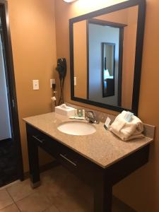 a bathroom with a sink and a large mirror at Quality Inn & Suites in Minot