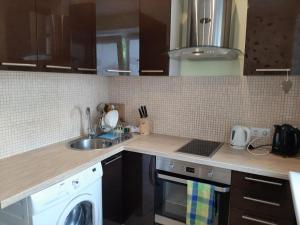 a kitchen with a sink and a washing machine at Holiday Apartment in Liepāja
