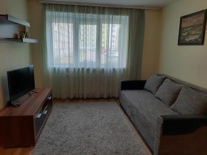 a living room with a couch and a television at Holiday Apartment in Liepāja