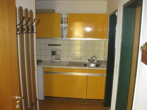 kuchnia z żółtymi szafkami i zlewem w obiekcie Apartment A'Horn w mieście Sankt Johann in Tirol