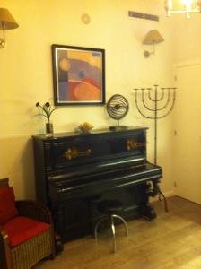 a black piano in a living room with a lamp at Apartment Garden Music in Porto