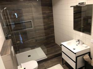 een badkamer met een douche, een toilet en een wastafel bij Apartment Šelih in Maribor