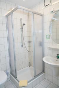 y baño con ducha y puerta de cristal. en Landgasthof Fleischhauer, en Büßfeld